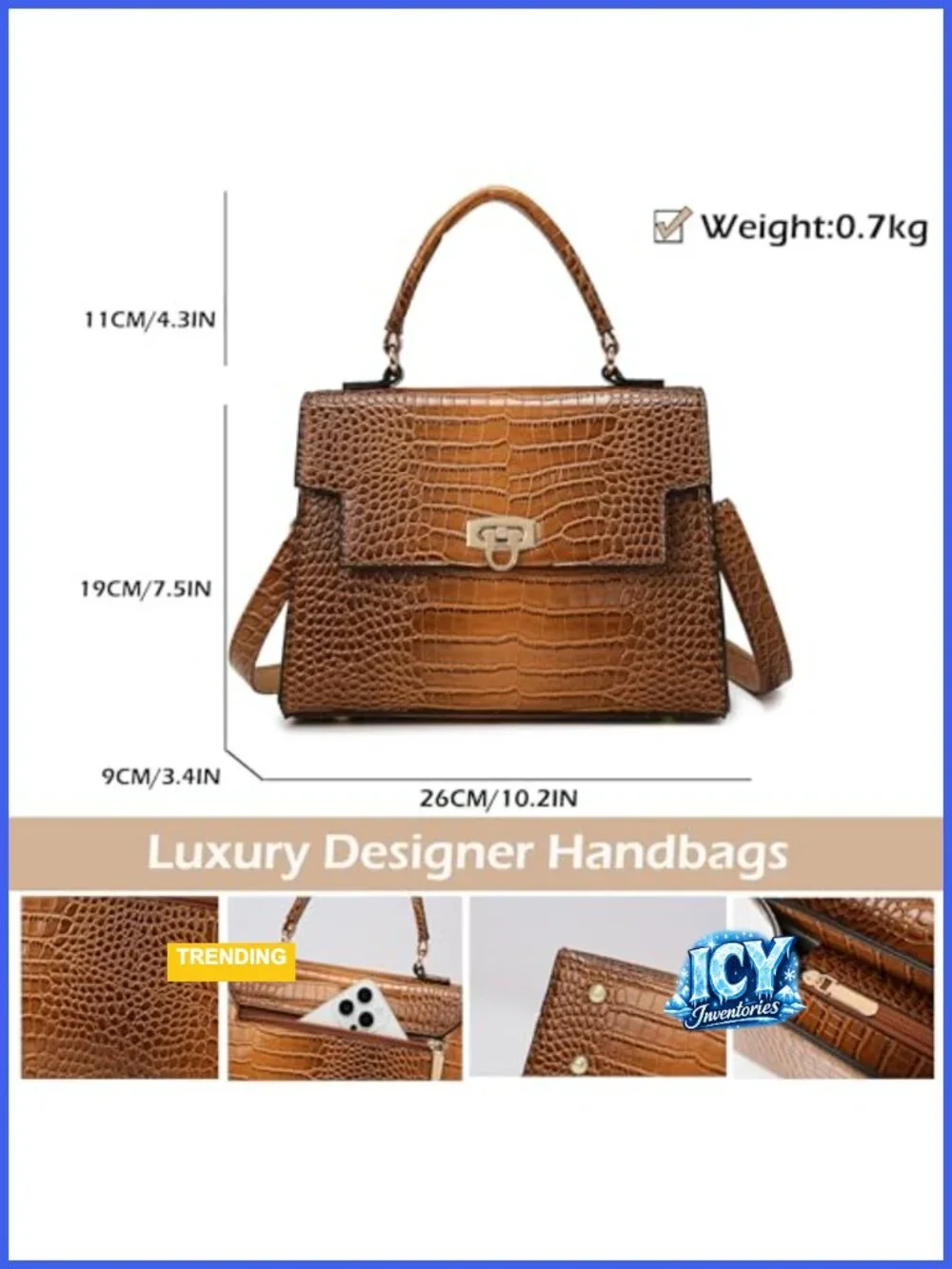 Structured Vegan Leather Satchel Handbag with Croc Pattern, Crossbody Bag for
